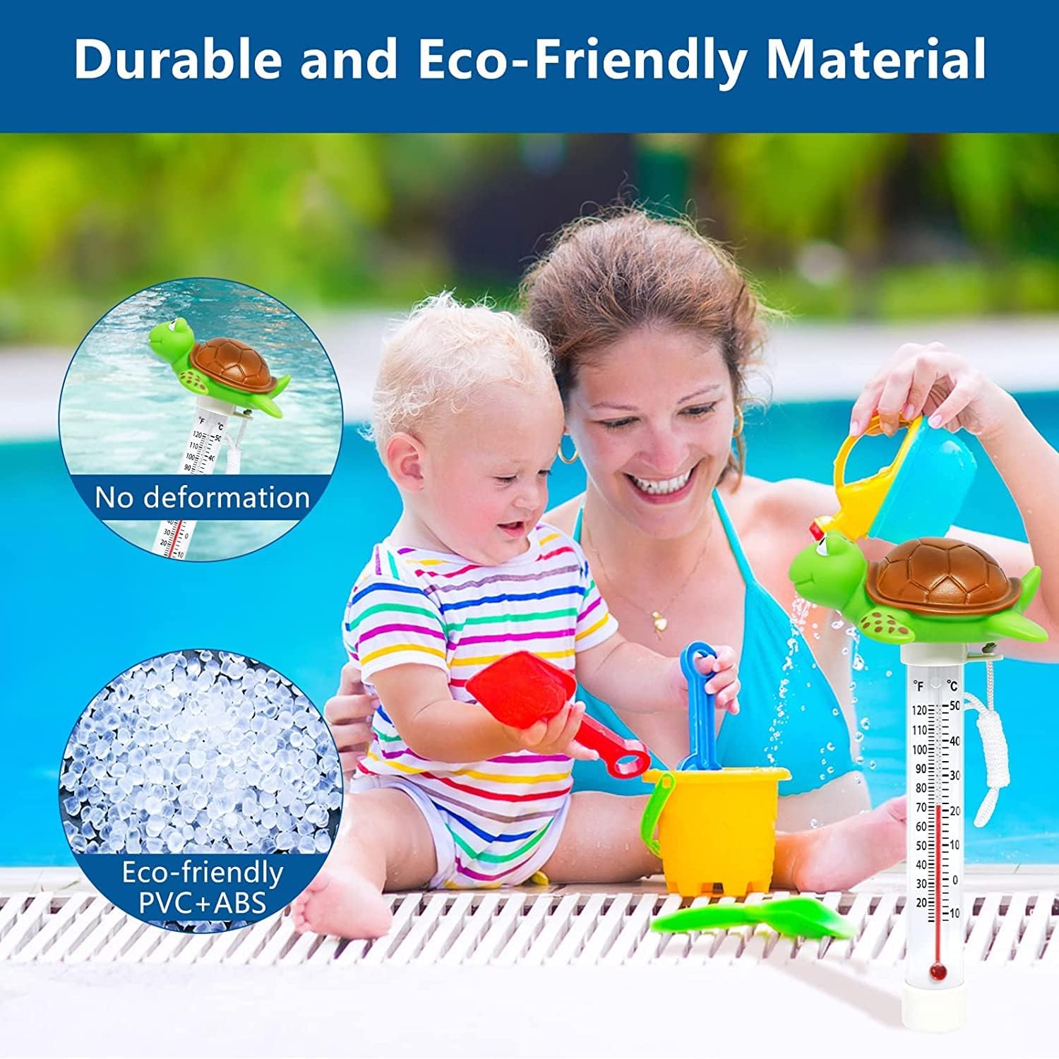 Floating Pool Thermometer, Large Display With String Easy To Read, Shatter Resistant, For Outdoor & Indoor Swimming Pools, Spas, Hot Tubs & Aquariums (Turtle)