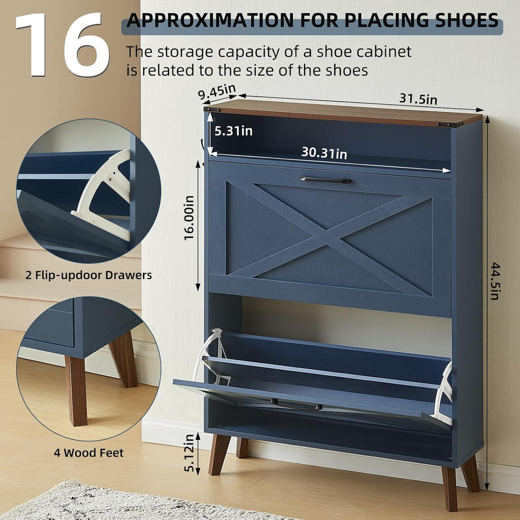 Joaxswe Shoe Cabinet Storage For Entryway With 2 Flip Drawers 2 Hook Open Storage Layer Rack Narrow Organizer Slim Hidden Wood Shoe Cabinet Furniture Dark Blue