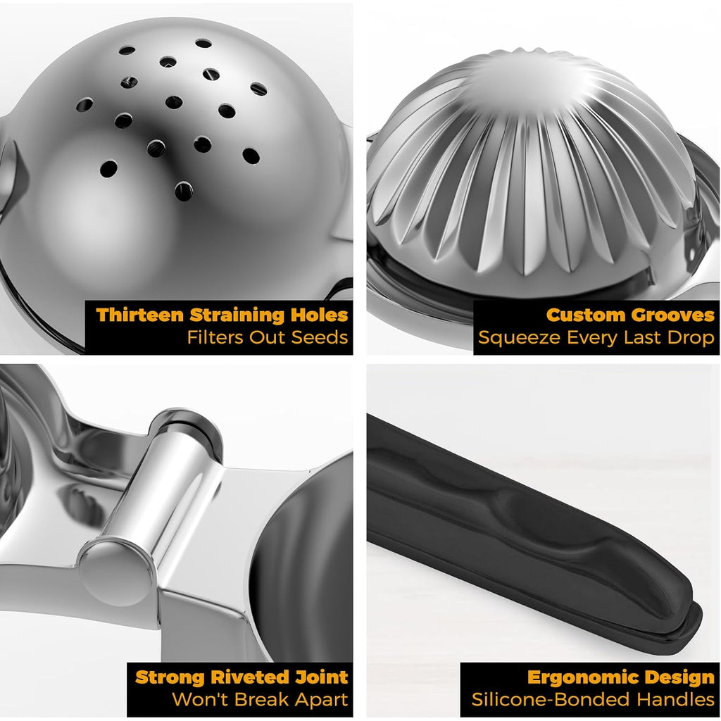 Stainless Steel Lemon Squeezer - Metal Citrus Juicer - Lime Lemon And Fruit Juicer With Silicone Handles - Large Manual Citrus Press Juicer - Hand Held Squeezer - Ergonomic Design With Solid
