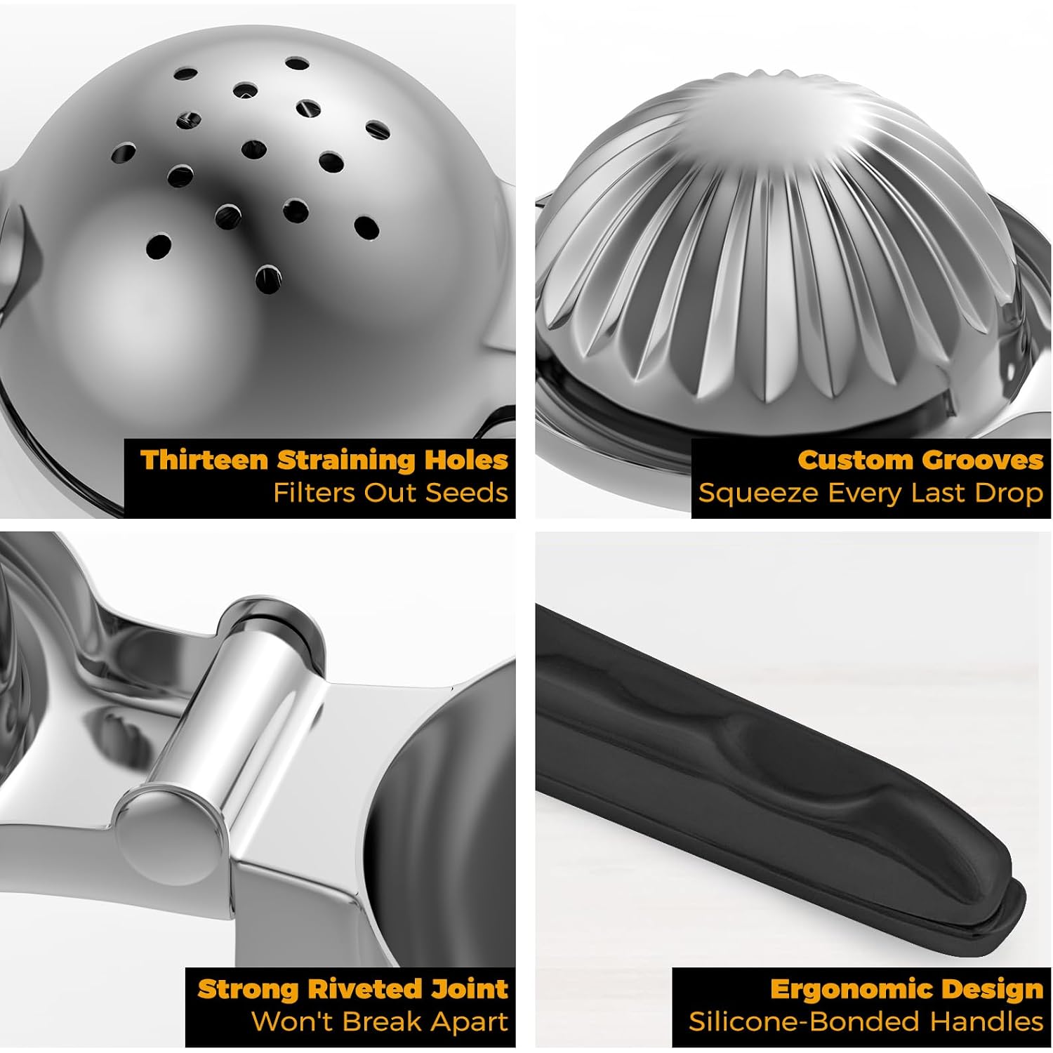 Stainless Steel Lemon Squeezer - Metal Citrus Juicer - Lime Lemon And Fruit Juicer With Silicone Handles - Large Manual Citrus Press Juicer - Hand Held Squeezer - Ergonomic Design With Solid