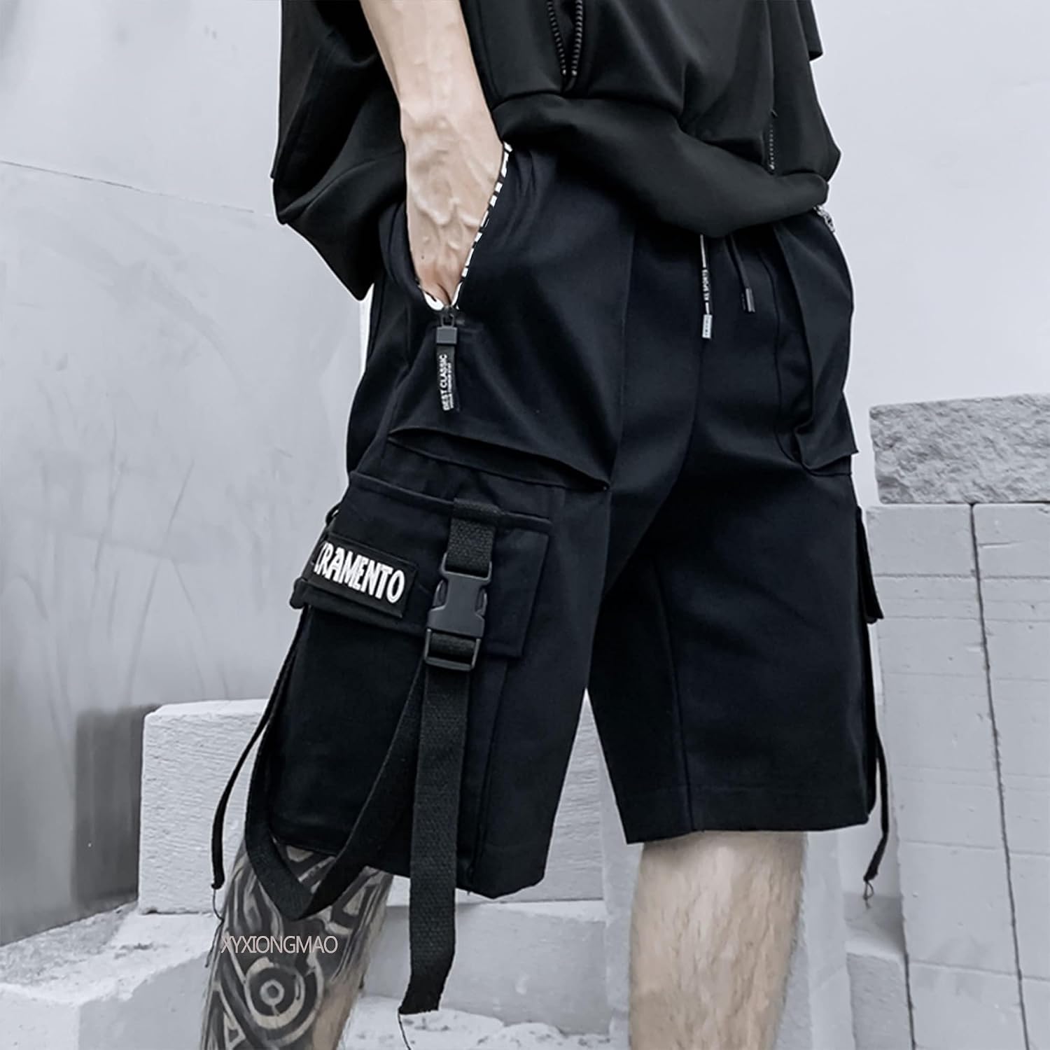 Xyxiongmao Men'S Joggers Techwear Black Hip Hop Cargo Shorts Streetwear Sweatpants Cargo Pants For Men