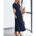 Btfbm Womens Summer 2026 Casual Midi Maxi Dresses Lightweight Short Sleeve V Neck Elastic Waist Boho Beach Dress Pockets