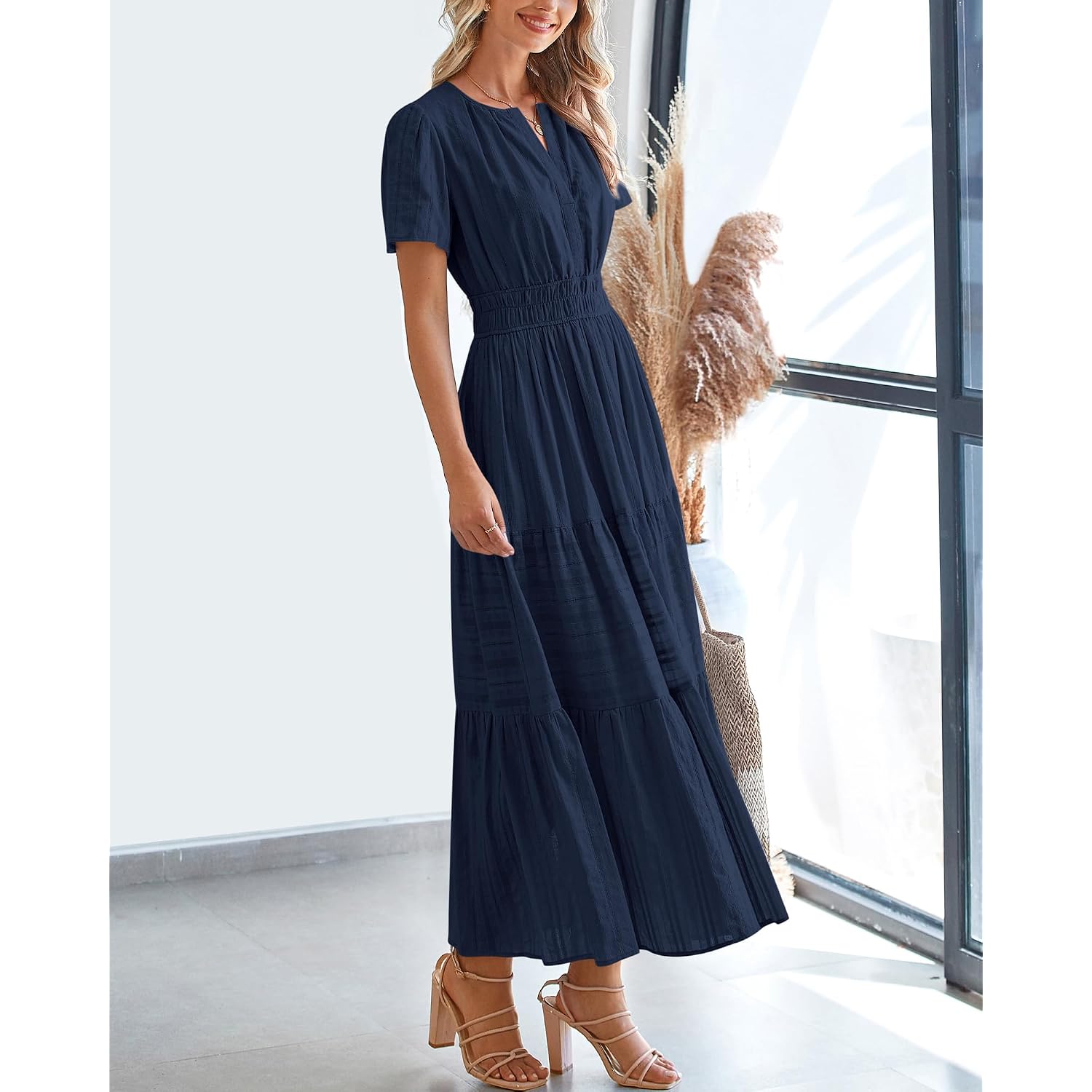 Btfbm Womens Summer 2026 Casual Midi Maxi Dresses Lightweight Short Sleeve V Neck Elastic Waist Boho Beach Dress Pockets