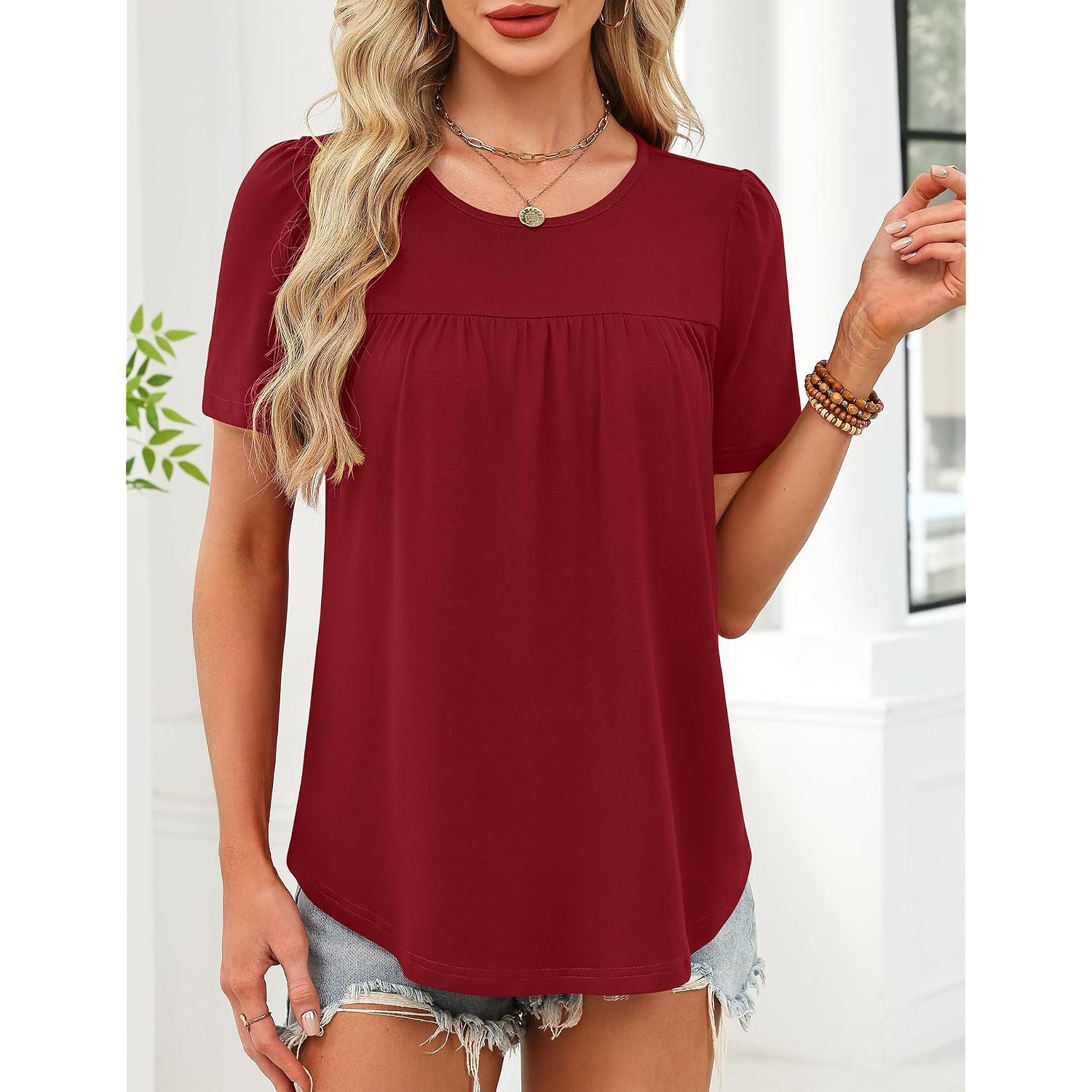 Womens Dressy Casual Tops Short Sleeve Blouse Crew Neck Loose Fit Summer Clothes M-4XL