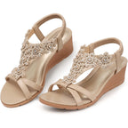 Temofon Women'S Low Wedge Heels Summer Dressy Platform Sandals Elastic Ankle Strap Open Toe Flower Shoes