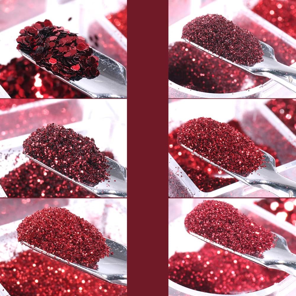 Red Nail Art Glitter Sequins Red Crystal Diamond Sparkly Nail Powder Valentine's Day Nail Supplies New Year Wedding Shiny Nail Flakes for Women Girls Holographic Manicure Tips Charms Pigment 6 Boxes