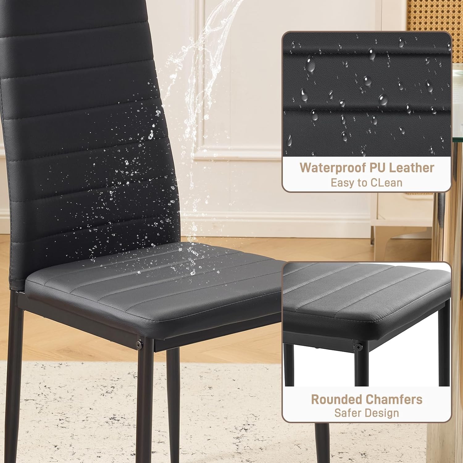 Karl Home Dining Chairs Set Of 4, Pu Leather & High Back, Black