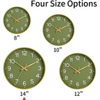 Roymnie Wall Clock 14 Inch Silent Green Wall Clocks Battery Operated- Modern Non Ticking Analog Clock Decorative For Living Room Bedroom Office Kitchen(Gold)