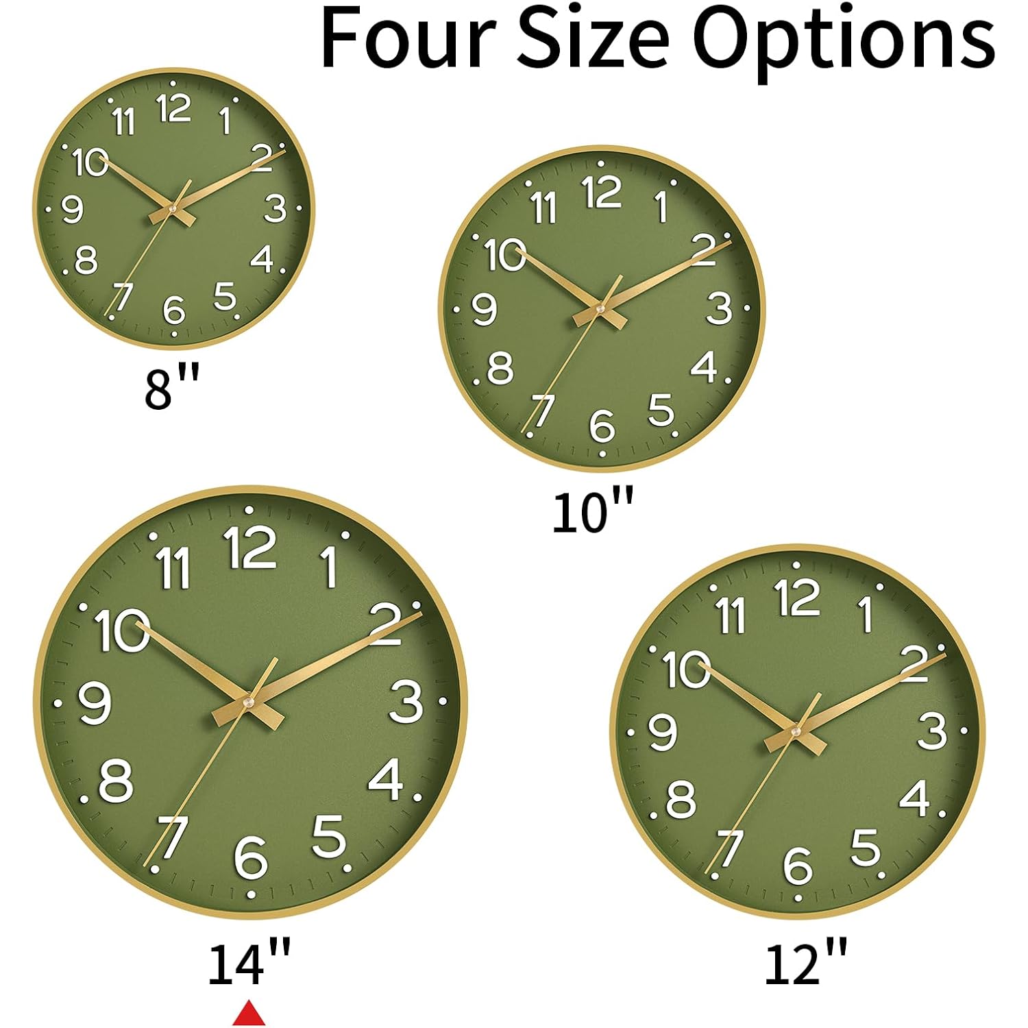 Roymnie Wall Clock 14 Inch Silent Green Wall Clocks Battery Operated- Modern Non Ticking Analog Clock Decorative For Living Room Bedroom Office Kitchen(Gold)