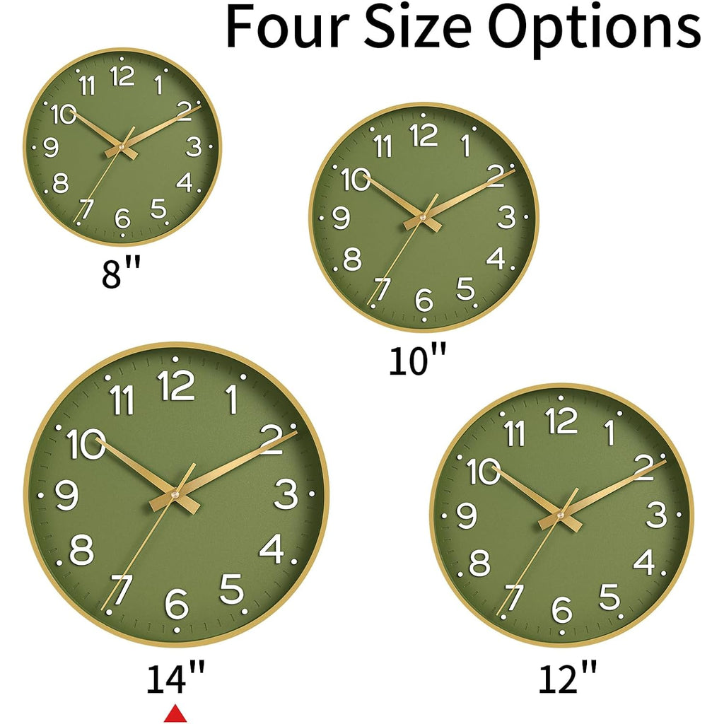 Roymnie Wall Clock 14 Inch Silent Green Wall Clocks Battery Operated- Modern Non Ticking Analog Clock Decorative For Living Room Bedroom Office Kitchen(Gold)