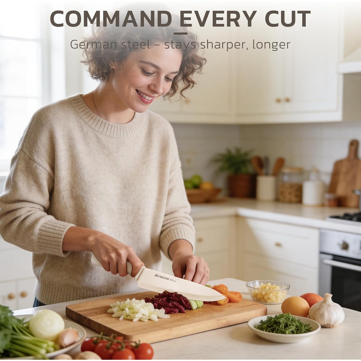 Astercook Knife Set, 15 Pieces Kitchen Knife Set With Sharpener Block, German Stainless Steel Knives With Anti-Rust Coating, Dishwasher Safe, Elegant Cream White Design, Perfect For Holiday Gifts