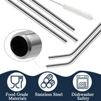 12 Pack Of Reusable Stainless Steel Metal Straws, 3 Straight + 3 Bent 10.5 Inch And 3 Straight + 3 Bent 8.5 Inch Metal Straws With 2 Cleaning Brushes For 20 24 30 Oz Tumbler Dishwasher Safef