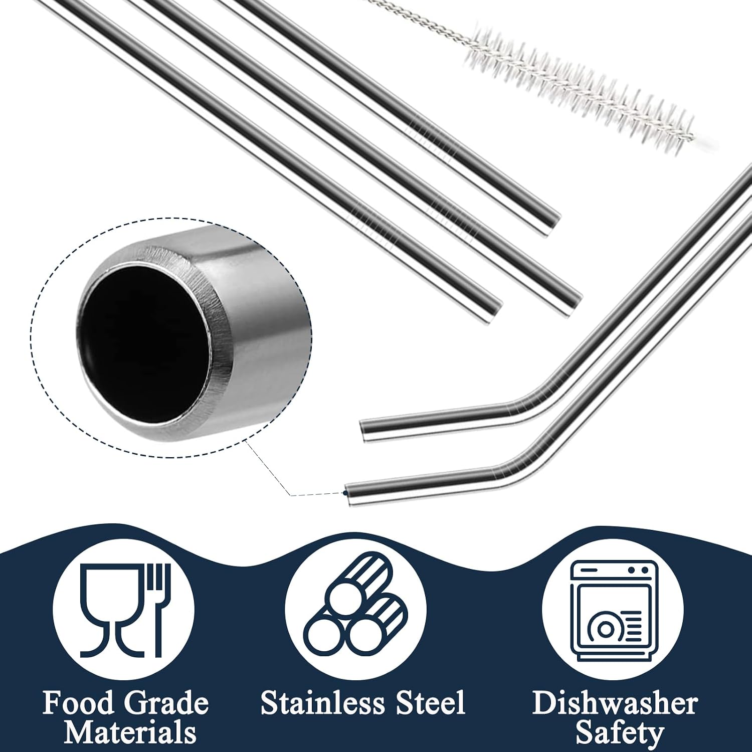 12 Pack Of Reusable Stainless Steel Metal Straws, 3 Straight + 3 Bent 10.5 Inch And 3 Straight + 3 Bent 8.5 Inch Metal Straws With 2 Cleaning Brushes For 20 24 30 Oz Tumbler Dishwasher Safef