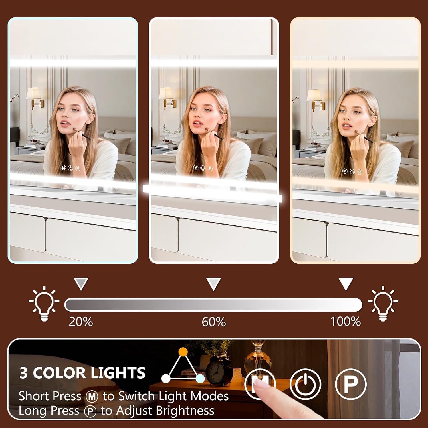 23" X 18" Vanity Mirror With Lights, Led Lighted Makeup Mirror With 3 Color Dimmable Lights, Touch Control, Usb Charging Port, Gifts For Women Wife Teengirls