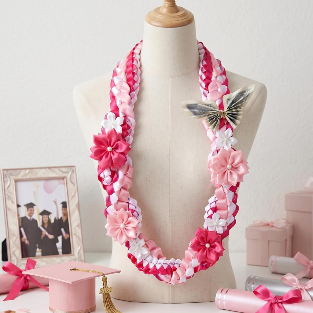 Lyrow 50" Graduation Lei 2026 Double Braided Graduation Ribbon Money Lei with 4 Satin Flower Handmade Grad Necklace Class of 2026 Grad Gift Accessories for Men Women