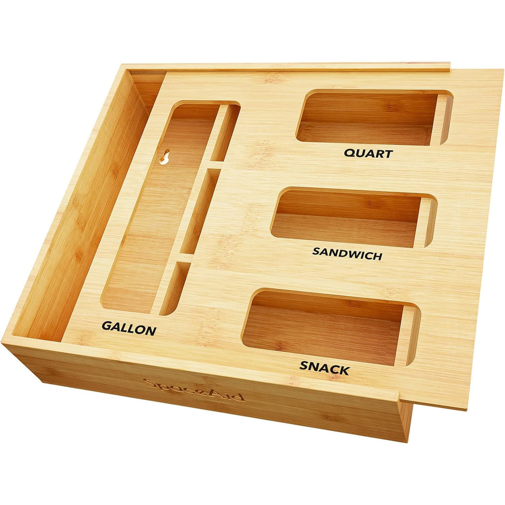 SpaceAid Bag Storage Organizer for Kitchen Drawer, Bamboo Organizer, Compatible with Gallon, Quart, Sandwich and Snack Variety Size Bag (1 Box 4 Slots)