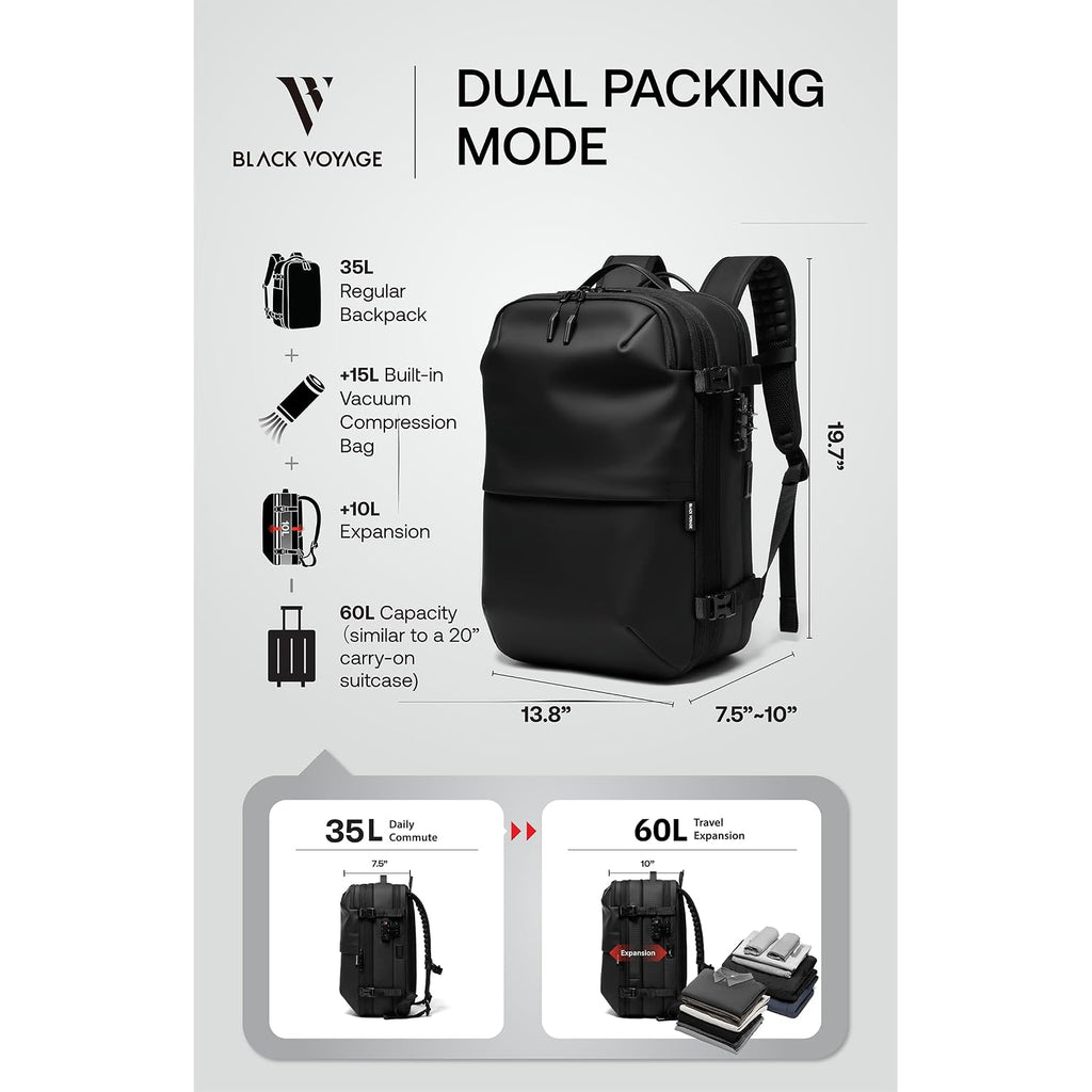 Vortex Vacuum Seal Travel Backpack 60L Expandable Air Compression System Water Resistant Tsa Lock Carry-On