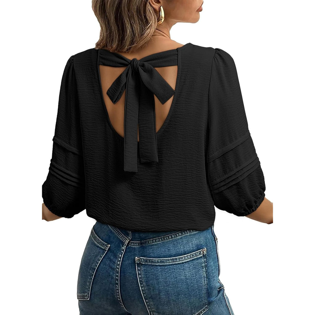 Dokotoo Blouses For Women Dressy Casual Crewneck 3/4 Length Sleeve Womens Tops Loose Business Work Shirts