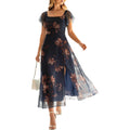 Caracilia Women Square Neck Floral Tulle Wedding Guest Bridemaid Dresses Summer Ruffle Sleeve High Slit Formal Midi Dress