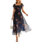 Caracilia Women Square Neck Floral Tulle Wedding Guest Bridemaid Dresses Summer Ruffle Sleeve High Slit Formal Midi Dress