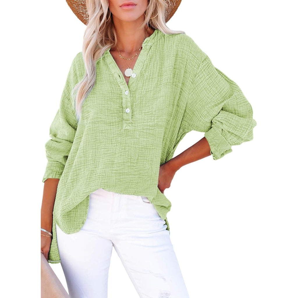 Dokotoo Womens Casual Button V Neck Long Sleeve Shirts Oversized Solid Blouses Tops