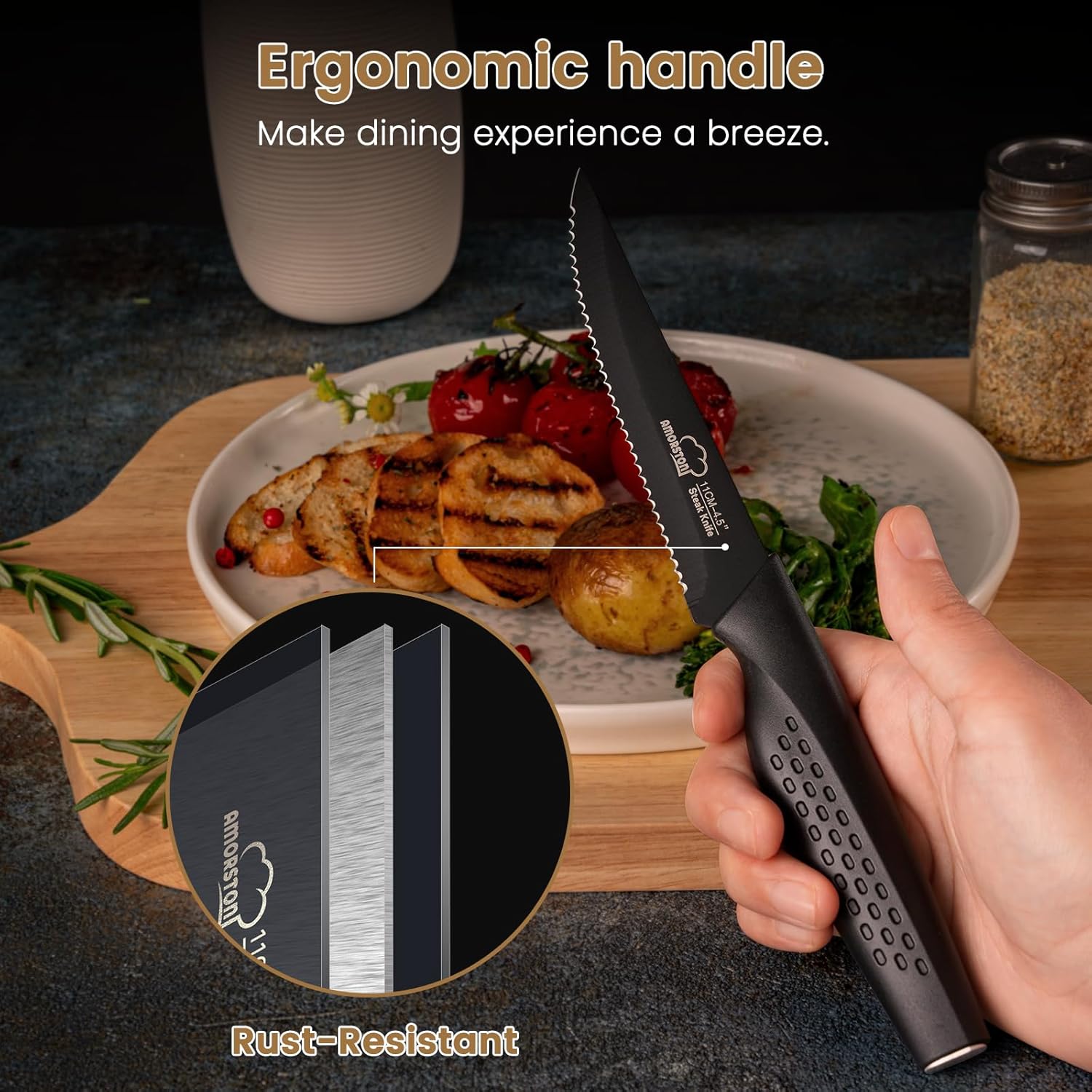 Amorston Steak Knives, Steak Knives Set of 8, Stainless Steel Steak Knife Set, Serrated Knives Dishwasher Safe, Elegant Black Mothers Day Gifts for Women