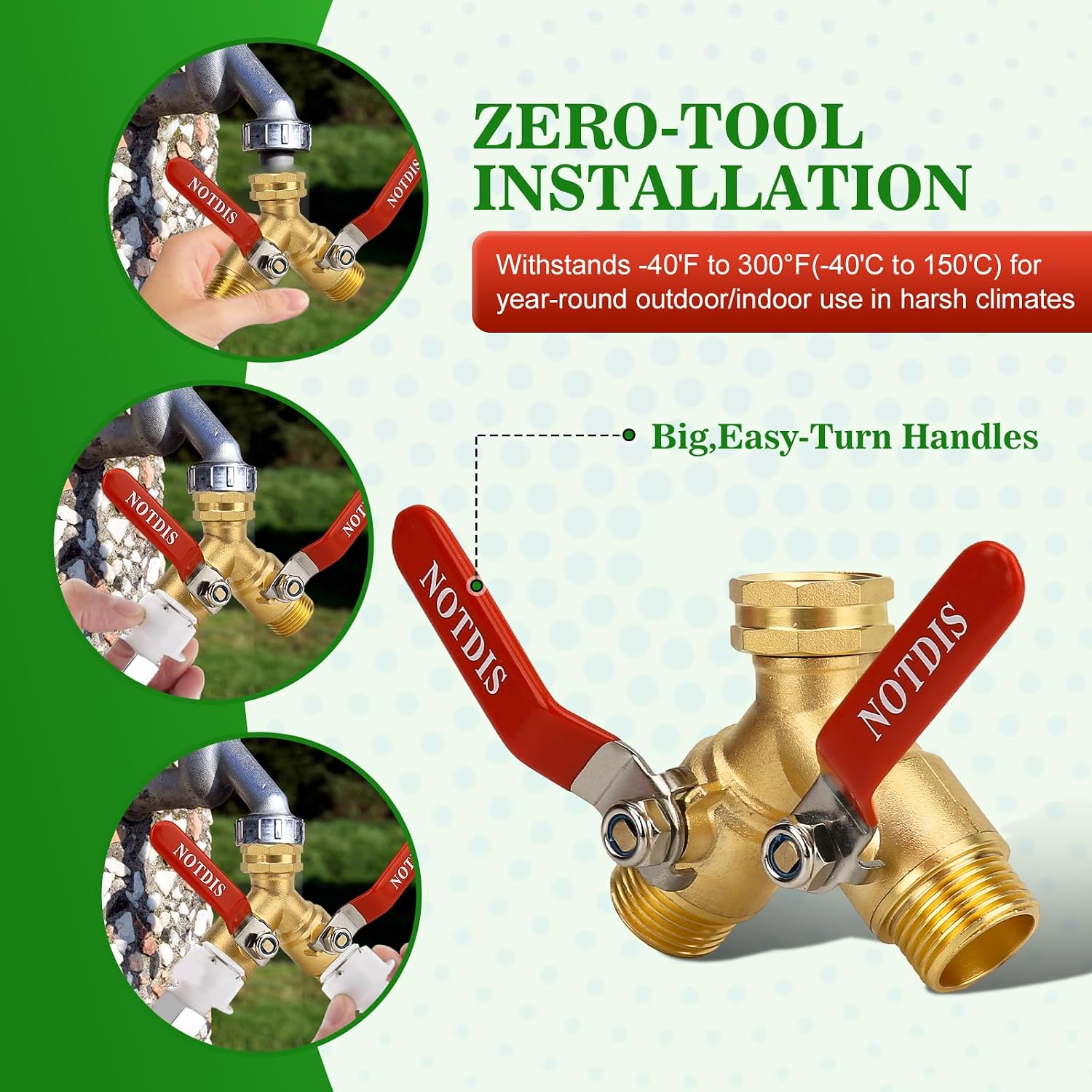 Hose Splitter 2 Way Heavy Duty Brass Garden Hose Splitter With 304 Stainless Steel Long Handle Outdoor Full Flow Hose Splitter Connector,Y Valve 3/4 Inch Ght Thread