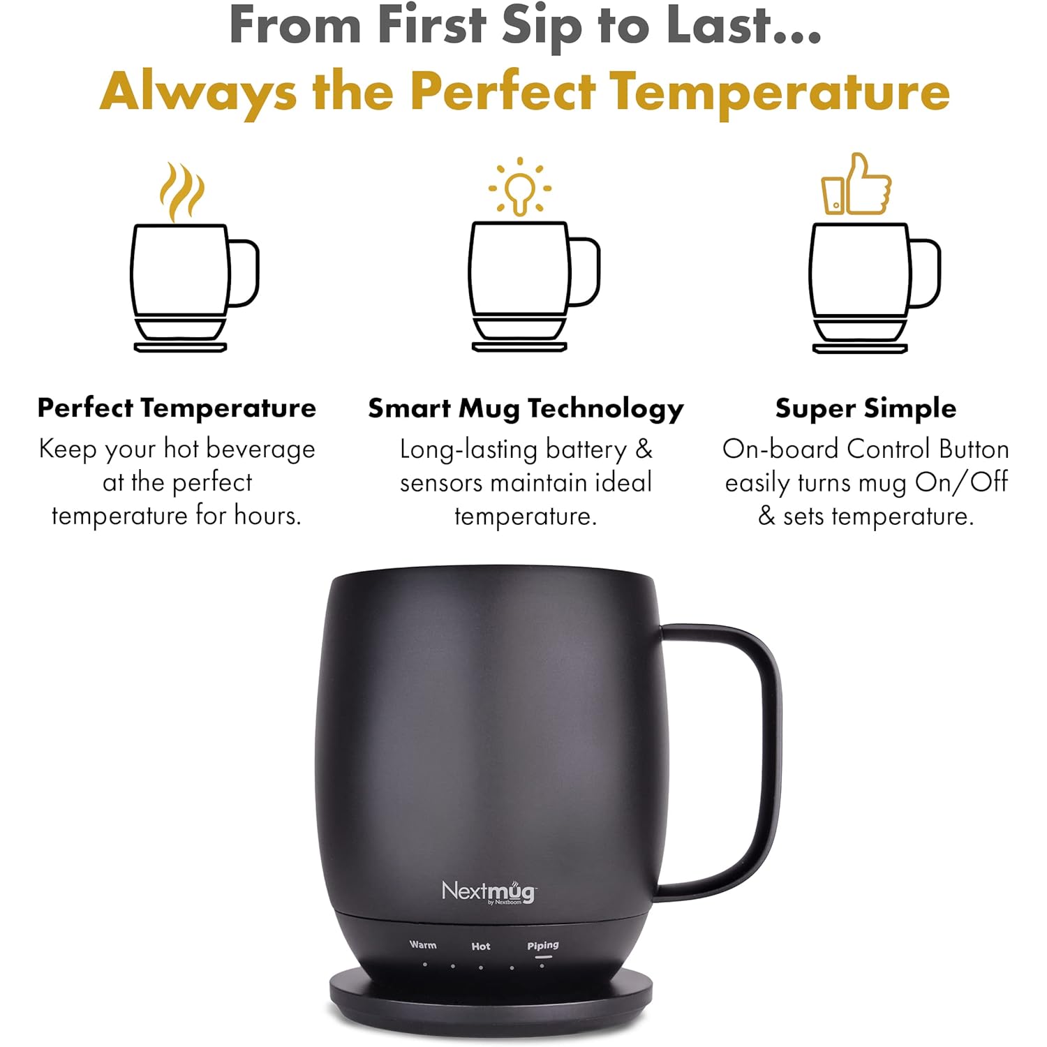 Nextmug - Temperature-Controlled, Self-Heating Coffee Mug (Black - 14 oz.)