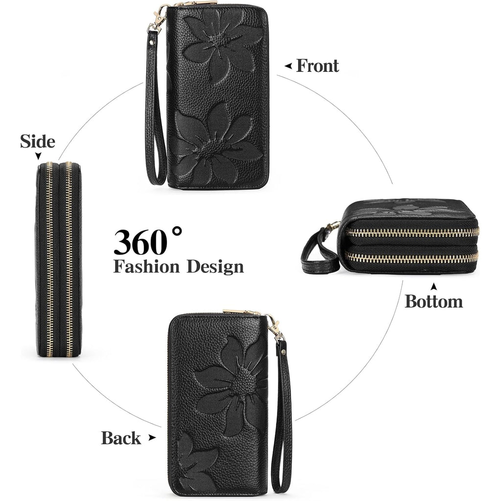 GOIACII Women's Wallet Large Capacity Double Zip Ladies Card Phone Holder RFID Blocking Wristlet Leather
