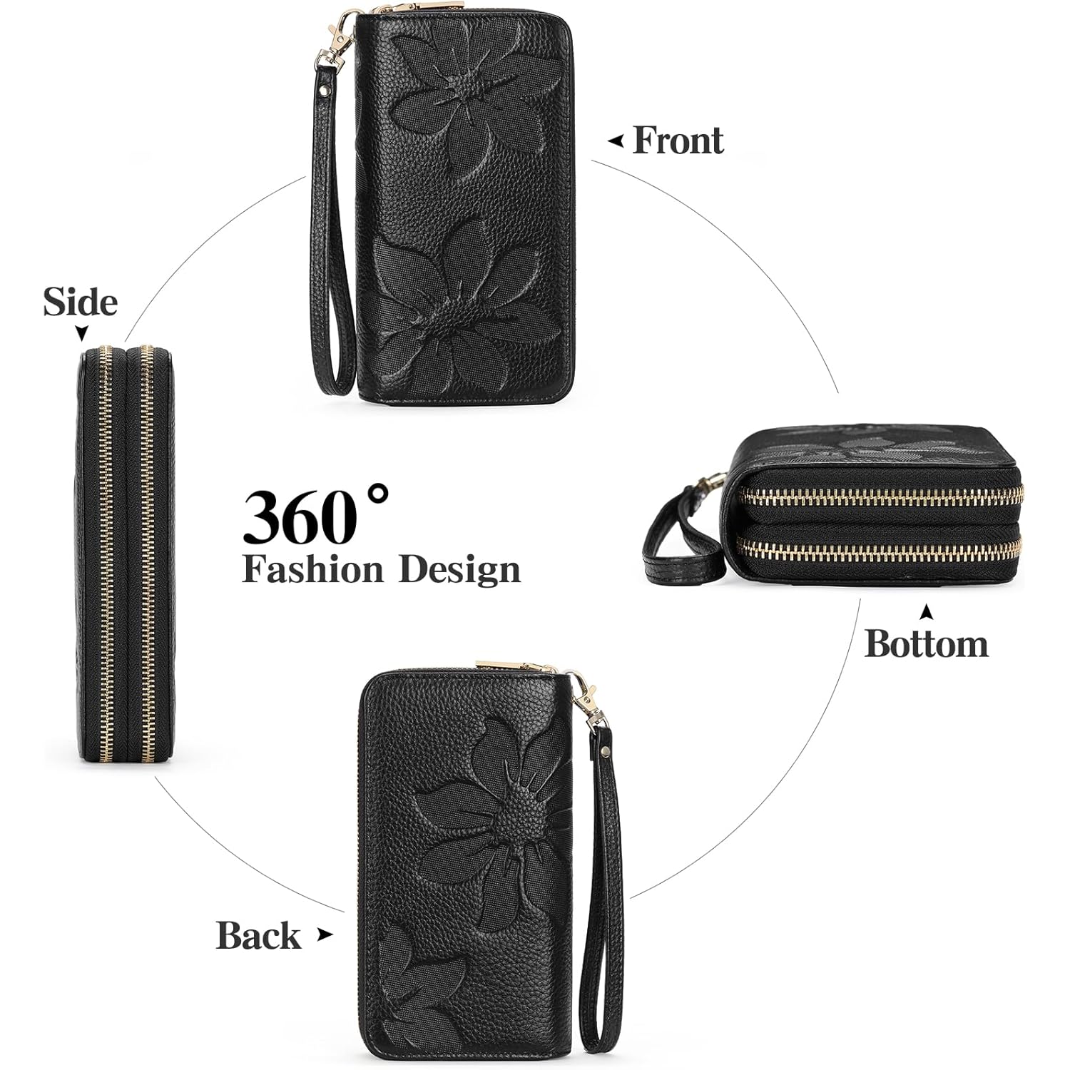 GOIACII Women's Wallet Large Capacity Double Zip Ladies Card Phone Holder RFID Blocking Wristlet Leather