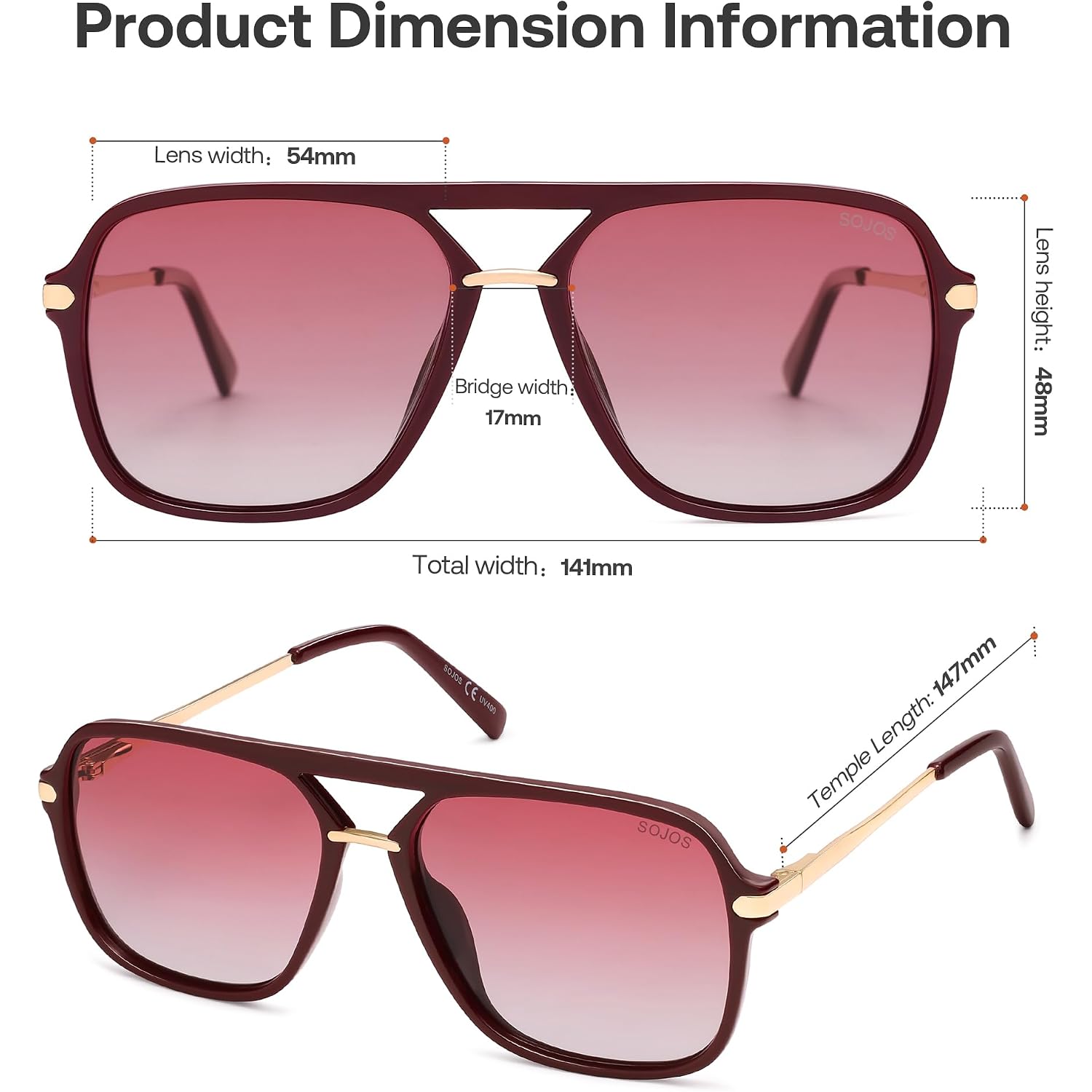 SOJOS Sunglasses for Women & Men, Square, Retro, Polarized Lens, Trendy Aviator, 90s Shades Red/Red