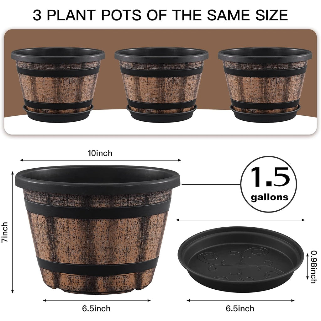3 Pack 10 Inch Plant Pots,Whiskey Barrel Planters With Drainage Holes & Saucer, Plastic Decoration Flower Pots Imitation Wine Barrel Design, For Indoor & Outdoor Garden Home Plants (Brown)