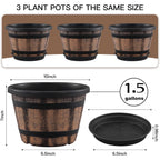 3 Pack 10 Inch Plant Pots,Whiskey Barrel Planters With Drainage Holes & Saucer, Plastic Decoration Flower Pots Imitation Wine Barrel Design, For Indoor & Outdoor Garden Home Plants (Brown)