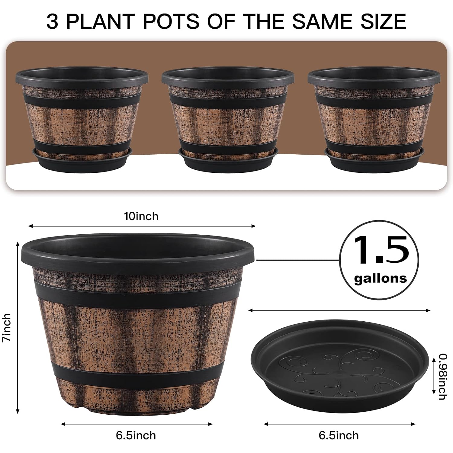 3 Pack 10 Inch Plant Pots,Whiskey Barrel Planters With Drainage Holes & Saucer, Plastic Decoration Flower Pots Imitation Wine Barrel Design, For Indoor & Outdoor Garden Home Plants (Brown)