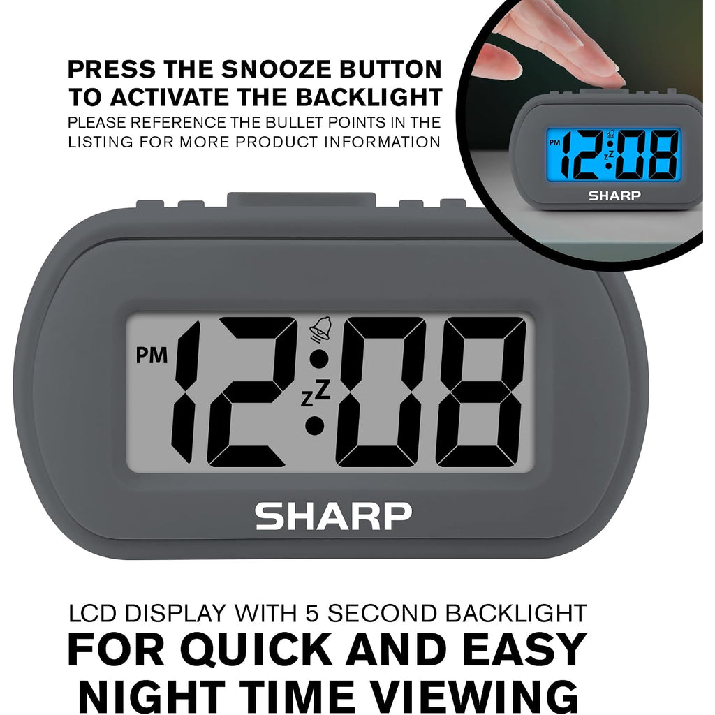 Sharp Digital Alarm Clock – Tactile Plastic Case With Soft Rubberized Finish - Battery Operated – Blue Backlight On Demand – Ascending Alarm – Easy To Use – Charcoal Black