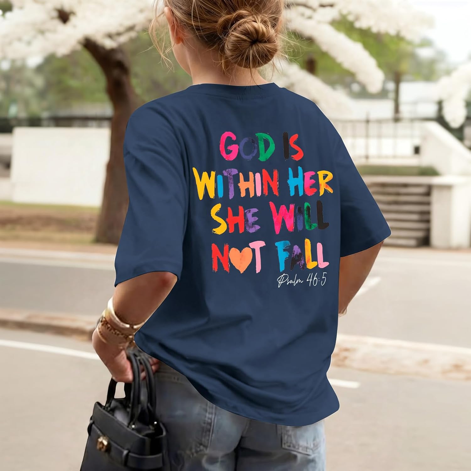 Jinluth Oversized Christian Shirts for Women Jesus Faith Shirt Bible Verse T Shirt God is Within Her Tees Inspirational Tops Navy Blue