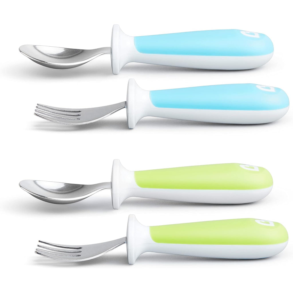 Munchkin® Raise™ Toddler Fork and Spoon Utensil Set, Rest Keeps Tip Off Table, BPA Free, 4 Pack, Blue/Green