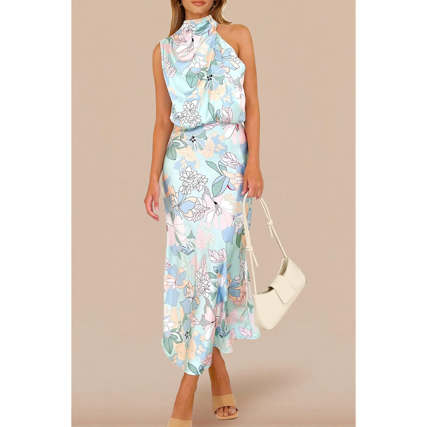 Prettygarden Women'S 2026 Summer Satin Dress Elegant Sleeveless Mock Neck Cocktail Party Maxi Dresses