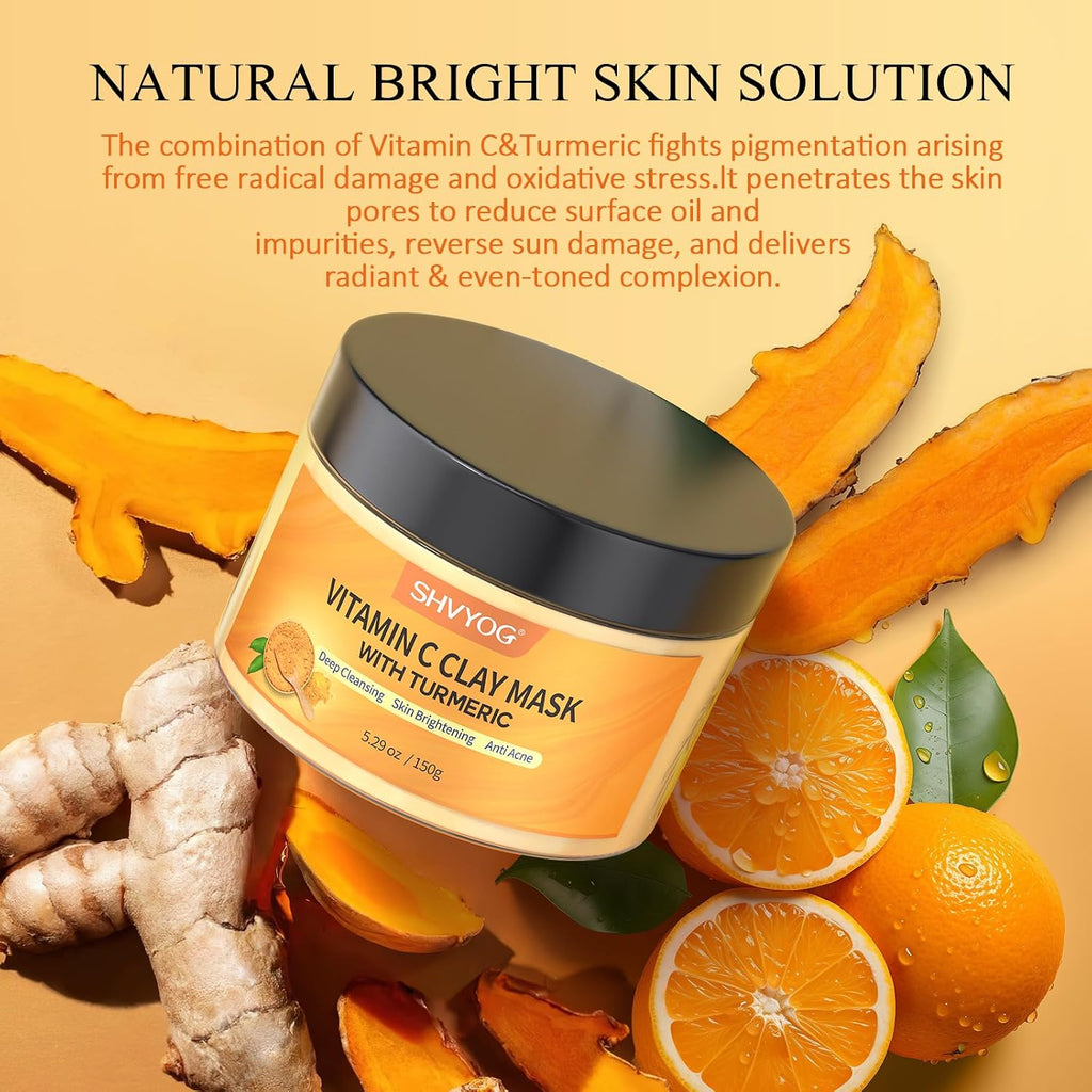 Shvyog Turmeric Vitamin C Clay Mask With Kaolin Clay For Dull & Blemish-Prone Skin, Deep Cleansing Facial Mask, Face Masks Skincare For Controlling Oil And Refining Pores 5.29 Oz 150G