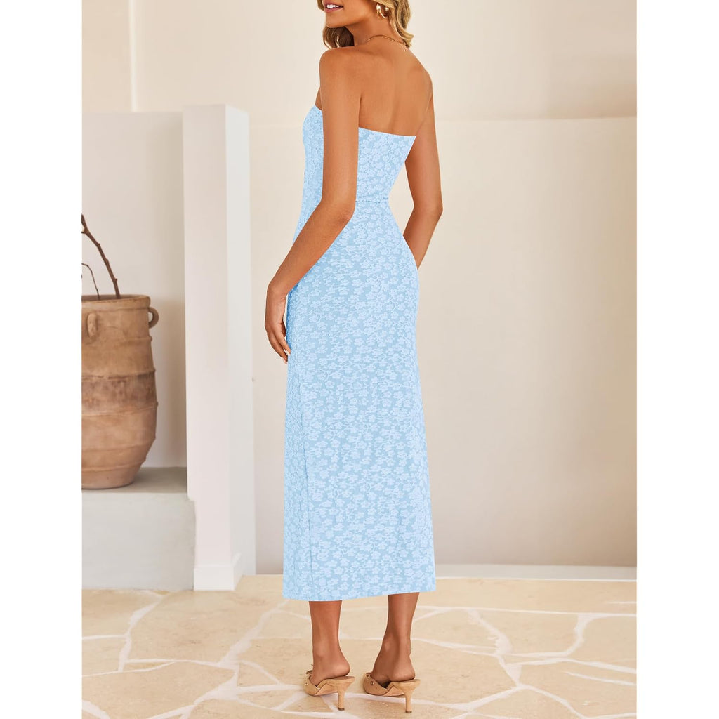 Zesica Women'S 2026 Summer Floral Strapless Bodycon Midi Dress Off Shoulder Beach Formal Cocktail Wedding Guest Long Dresses
