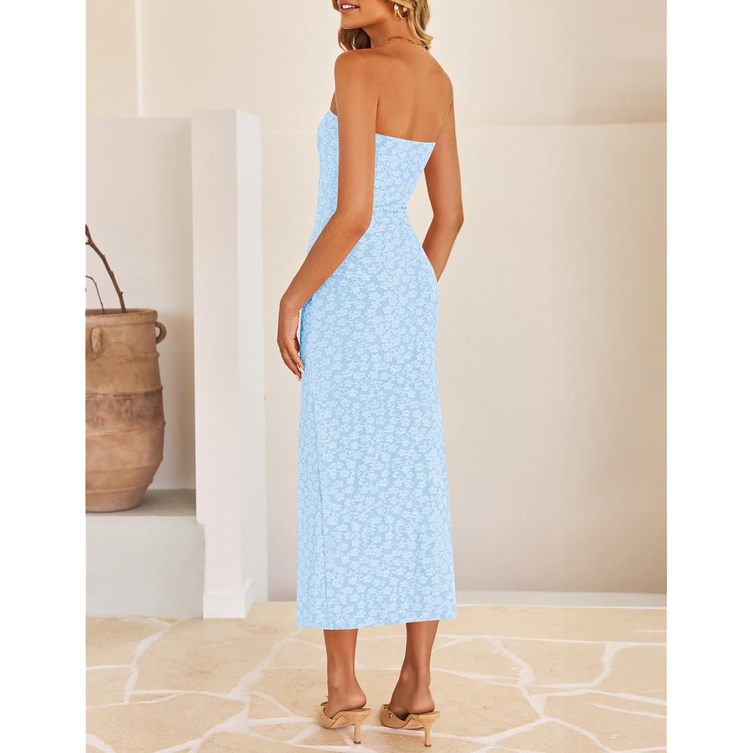 Zesica Women'S 2026 Summer Floral Strapless Bodycon Midi Dress Off Shoulder Beach Formal Cocktail Wedding Guest Long Dresses