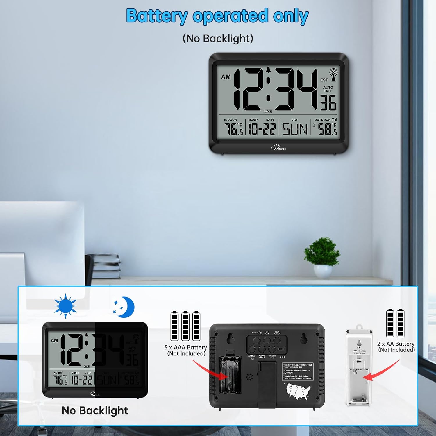 Atomic Clock With Indoor Outdoor Temperature - 8.5'' Digital Clock Battery Operated, Self-Setting, 4 Time Zones, Dst