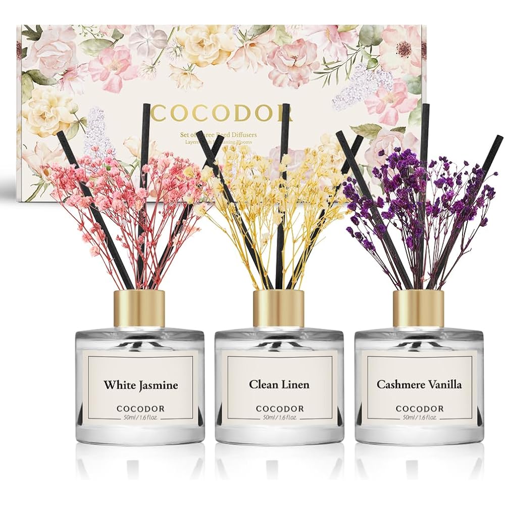 Cocodor Real Flower Reed Diffuser Set Of 3/Clean Linen,Cashmere Vanilla,White Jasmine/1.6Oz Each Pack/Home Fragrance Diffuser, Oil Scent Diffuser For Bathroom Shelf Decor