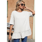 Dokotoo Womens Summer Tops Crewneck Short Sleeve Ruffle Hem Oversized T-Shirts Casual Loose Peplum Babydoll Blouses Shirts