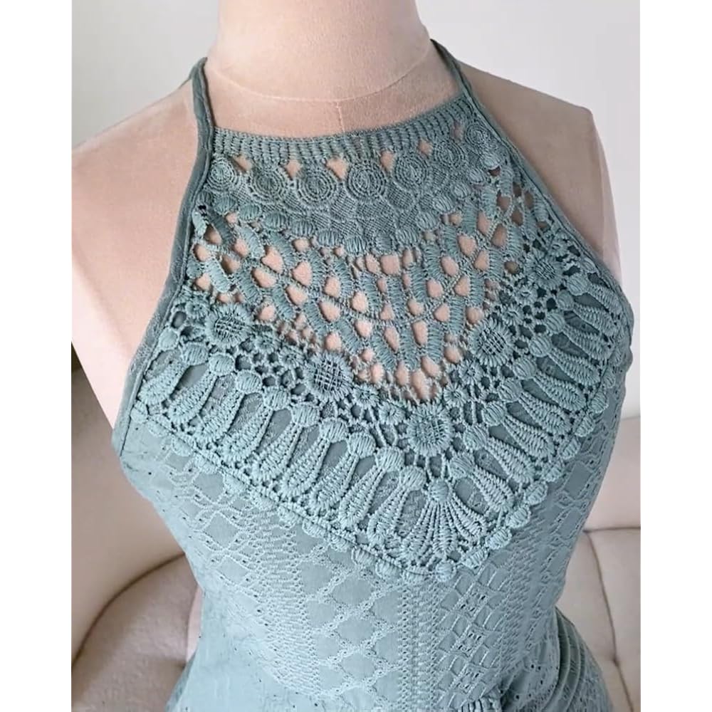 Chicme Womens Summer Halter Dress Hollow Out A Line Vacation Dresses With Eyelet Embroidery & Side Slit