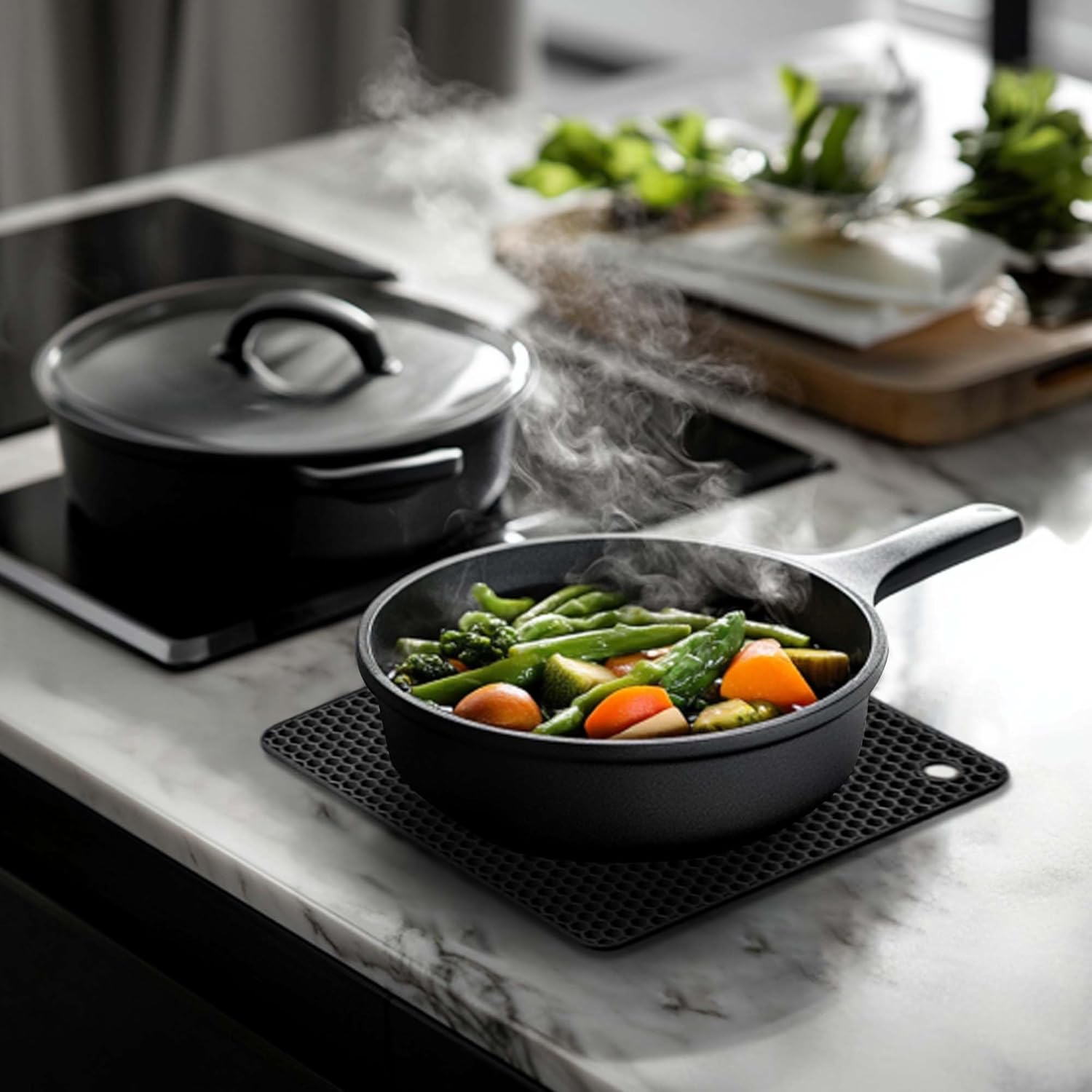 Silicone Trivet Mats,Heat Resistant Pot Holders, Multipurpose Non-Slip Hot Pads for Kitchen Potholders, Hot Dishers, Jar Opener, Spoon Holder, Food Grade Silicone(Black Size Square 7.1''x7.1'')