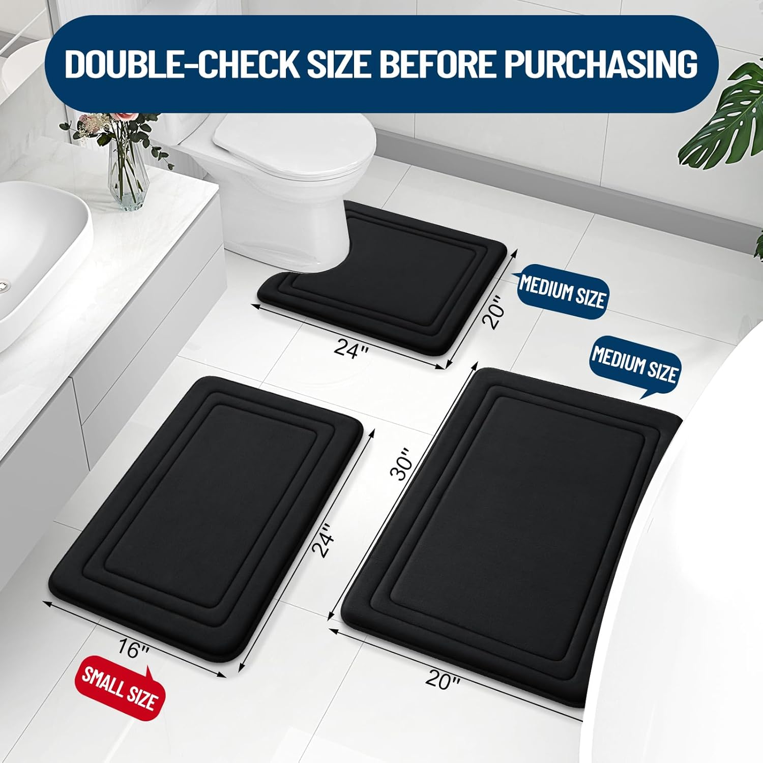 Grandaily Memory Foam Bath Mat Rug 30x20, Ultra Soft, Non-Slip and Absorbent Bathroom Rugs, Machine Wash Dry, Comfortable Bath Carpet for Bathroom Floor, Tub and Shower, Black