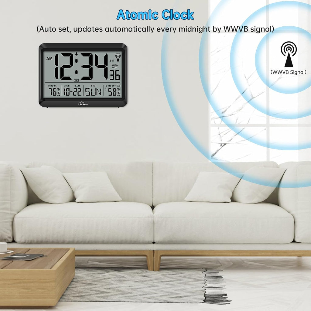 Atomic Clock With Indoor Outdoor Temperature - 8.5'' Digital Clock Battery Operated, Self-Setting, 4 Time Zones, Dst