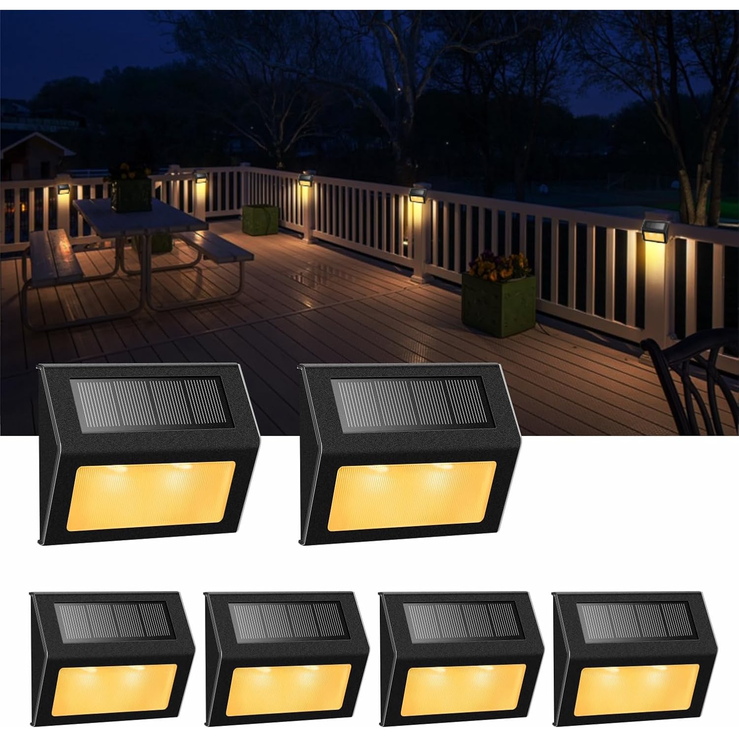 Solar Lights For Steps Decks Pathway Yard Stairs Fences, Led Lamp, Rainproof, Black Metal Housing, 6 Pack