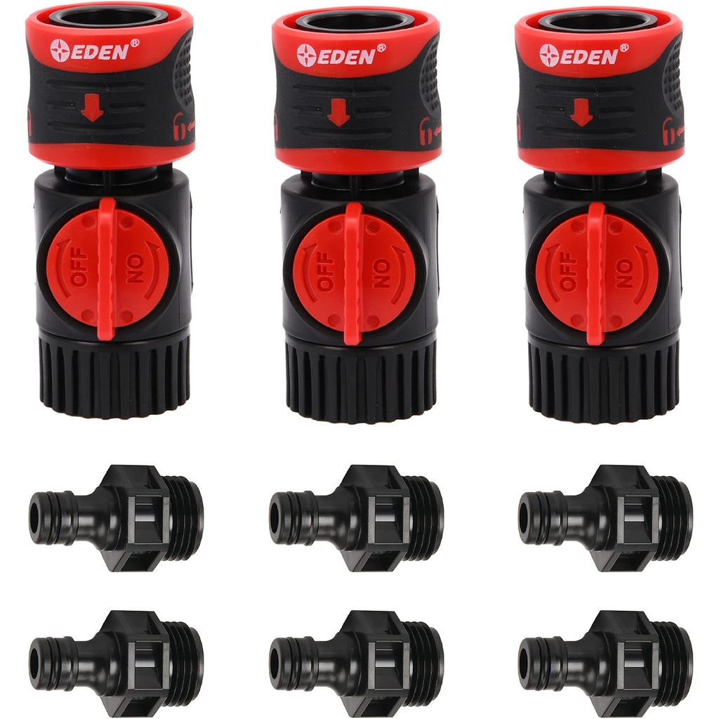 Eden 93218 Premium Garden Hose Quick Connect Kit | 9-Piece / 3-Pair Snap & Lock Fittings And Adapters With Water Stop, Flow Control, Secure Twist-Lock Design